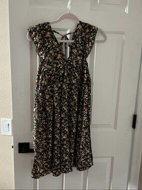 Floral Tie-Back Mini Dress in Black